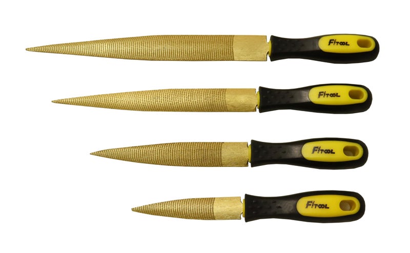 FITOOL Golden Wood Rasp 4Piece Set, Fine Cut, 4"-6"-8"-10", for Wood, Leather, Soft Metals, Soft Plastic, Quality High Carbon Steel Tapered Rasp File 4-Pack - Image 1